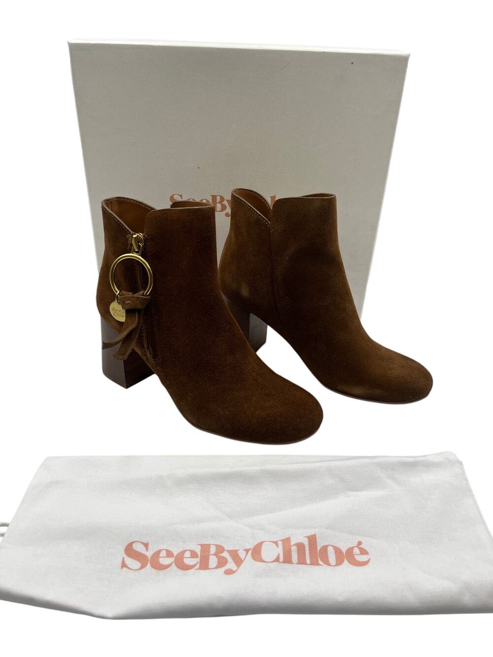 See By Chloe Louise Suede Block Heels Ankle Boots Booties Brown Size 36 / 6